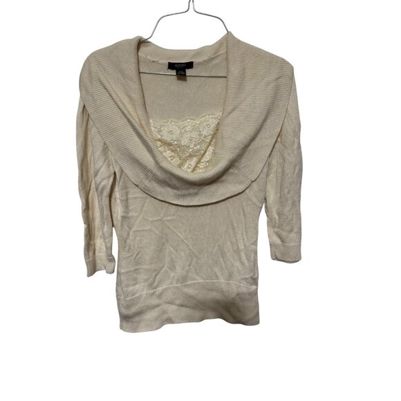 Alfani Petite Sweater Cream with Lace Insert and Foldover Neck Womans PS - Picture 1 of 5